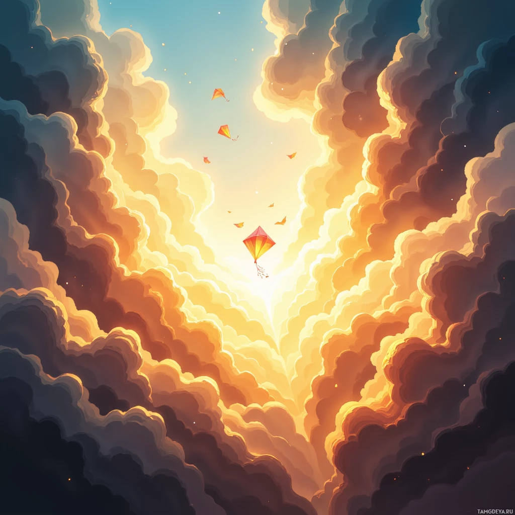 Яркое небо с пушистыми облаками и летающими воздушными змеями.