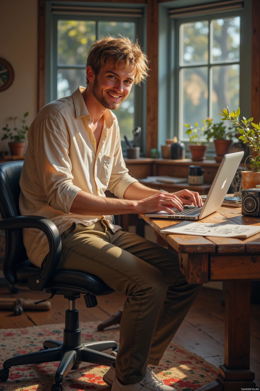 Мужчина сидит за столом в светлой комнате и работает на ноутбуке.