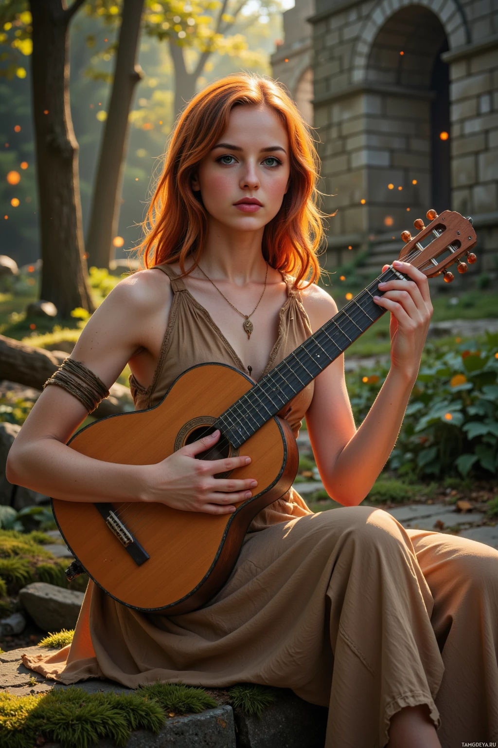 Женщина в бежевом платье сидит на улице с гитарой.