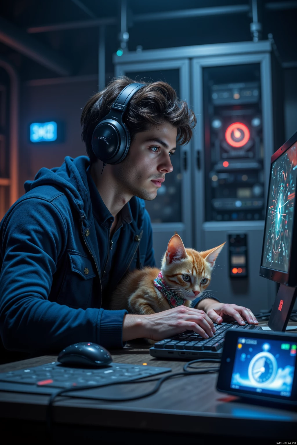 Человек в наушниках работает за компьютером, держа на руках котенка.