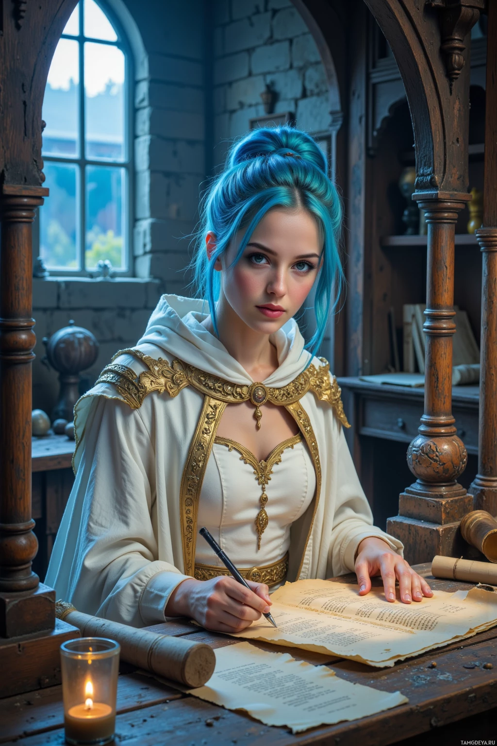 В полумраке комнаты человек в средневековой одежде пишет в книге при свете свечи.