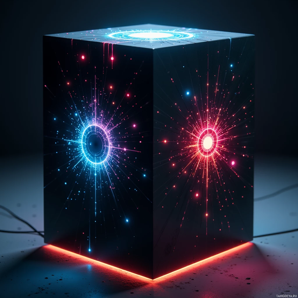 Светящийся, футуристичный куб излучает яркий синий и красный свет с расходящимися лучами и частицами.