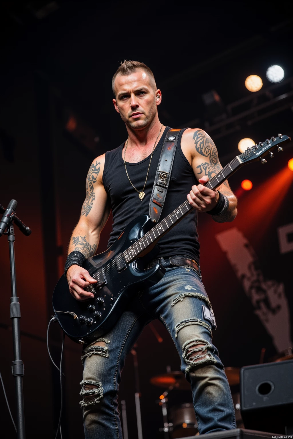 Музыкант выступает на сцене, играя на электрогитаре.