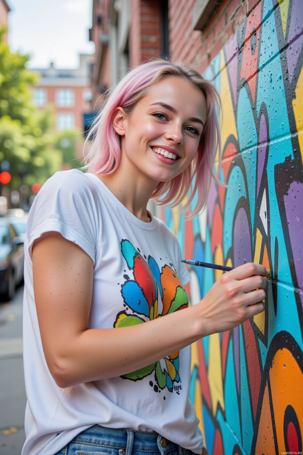 У девушки с розовыми волосами рисуют красочный мурал на кирпичной стене.