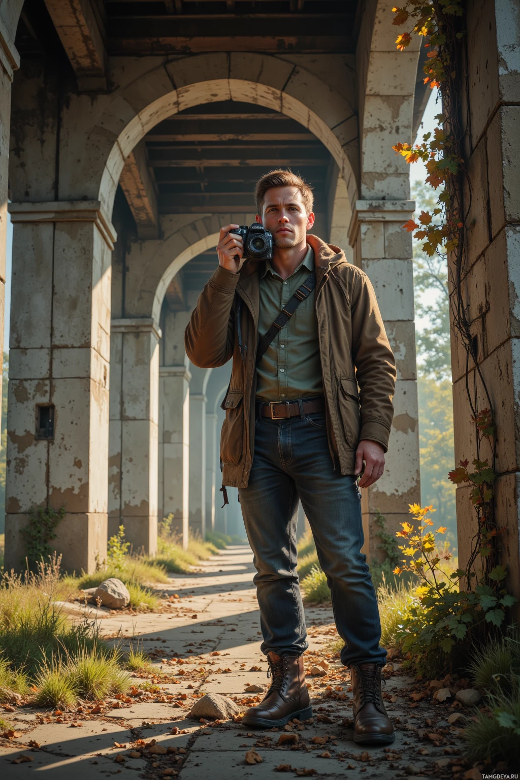 Мужчина стоит под аркой, держа в руках фотоаппарат, на заднем плане – осенние листья и солнечный свет.