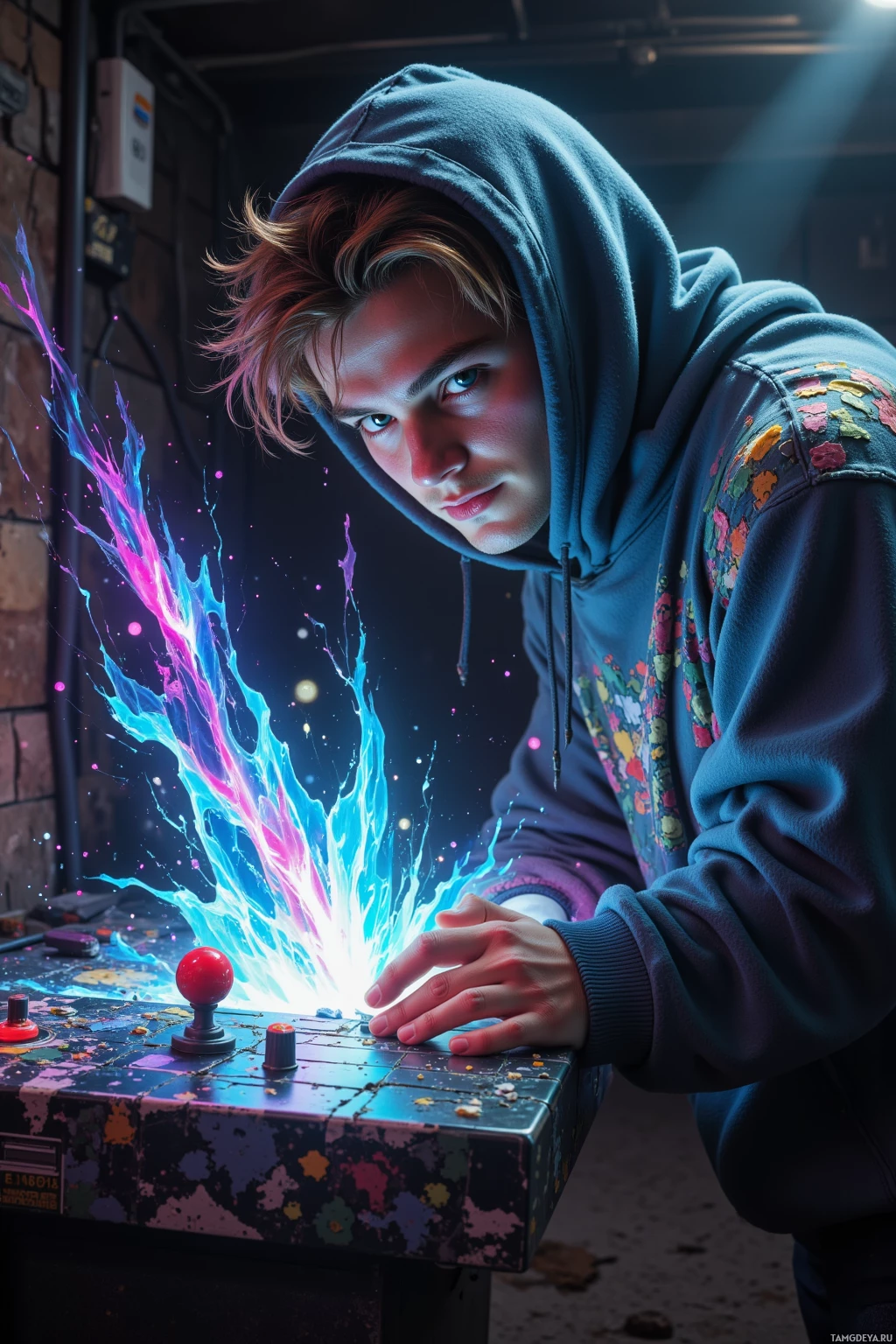 Человек в толстовке склонился над красочным игровом автоматом, залитым яркими вспышками света.