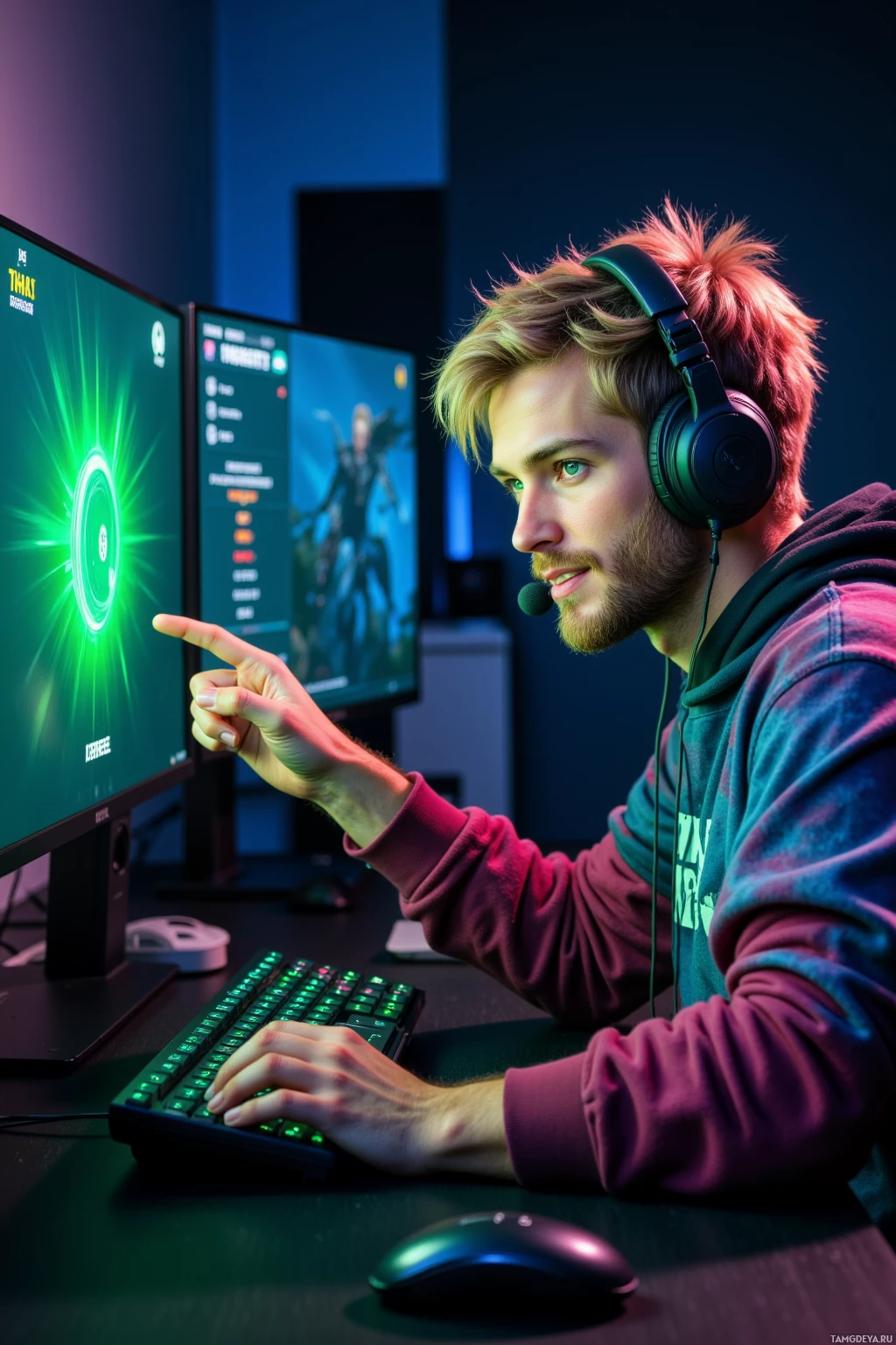 Человек в наушниках сидит за столом с компьютером и показывает на экран.