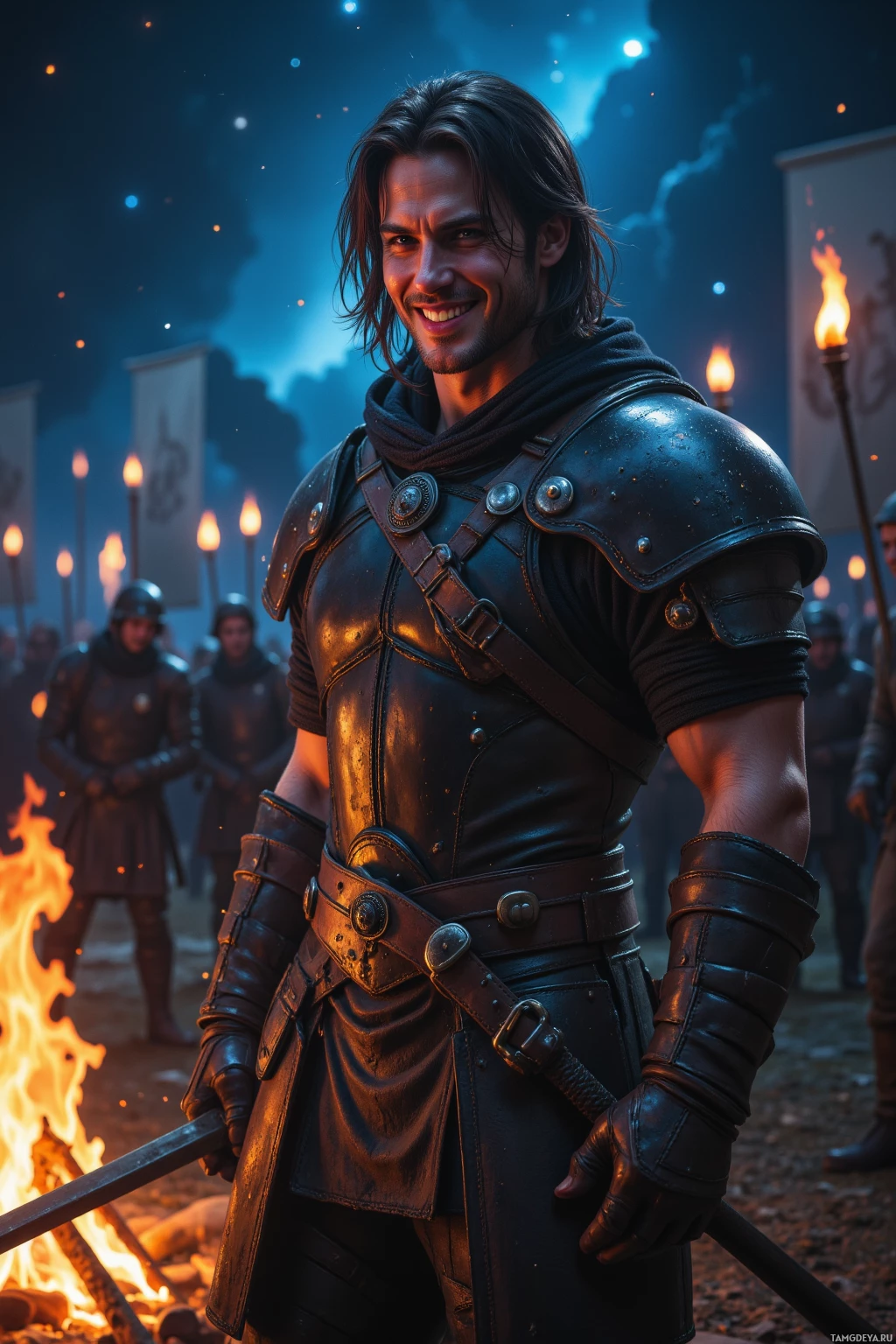 Рыцарь в тёмных доспехах стоит в освещённой костром сцене и улыбается.