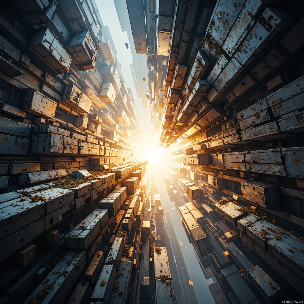 Футуристический городской пейзаж с возвышающимися металлическими зданиями, сходящимися к яркому свету на горизонте.