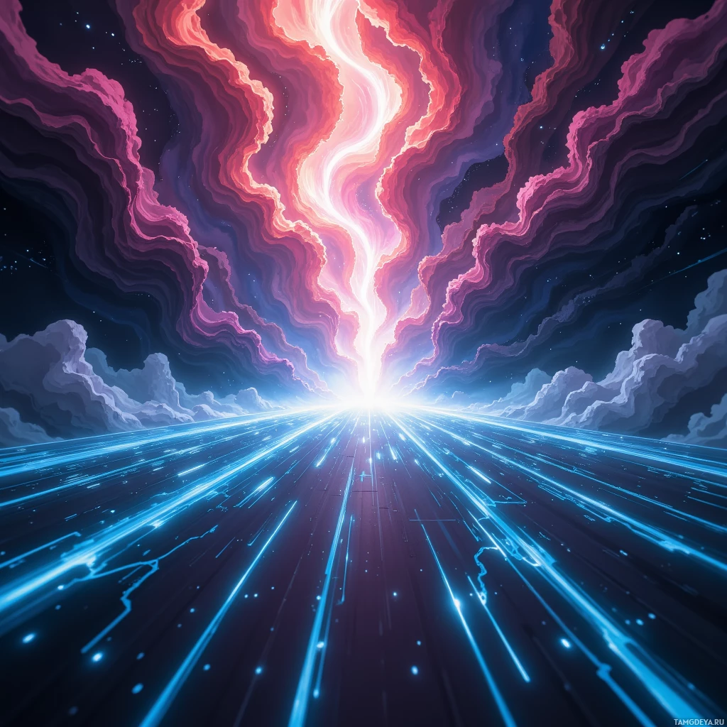 Яркий космический пейзаж с вихрящимися розовыми и пурпурными облаками и полосами света, сходящимися к яркому центру.