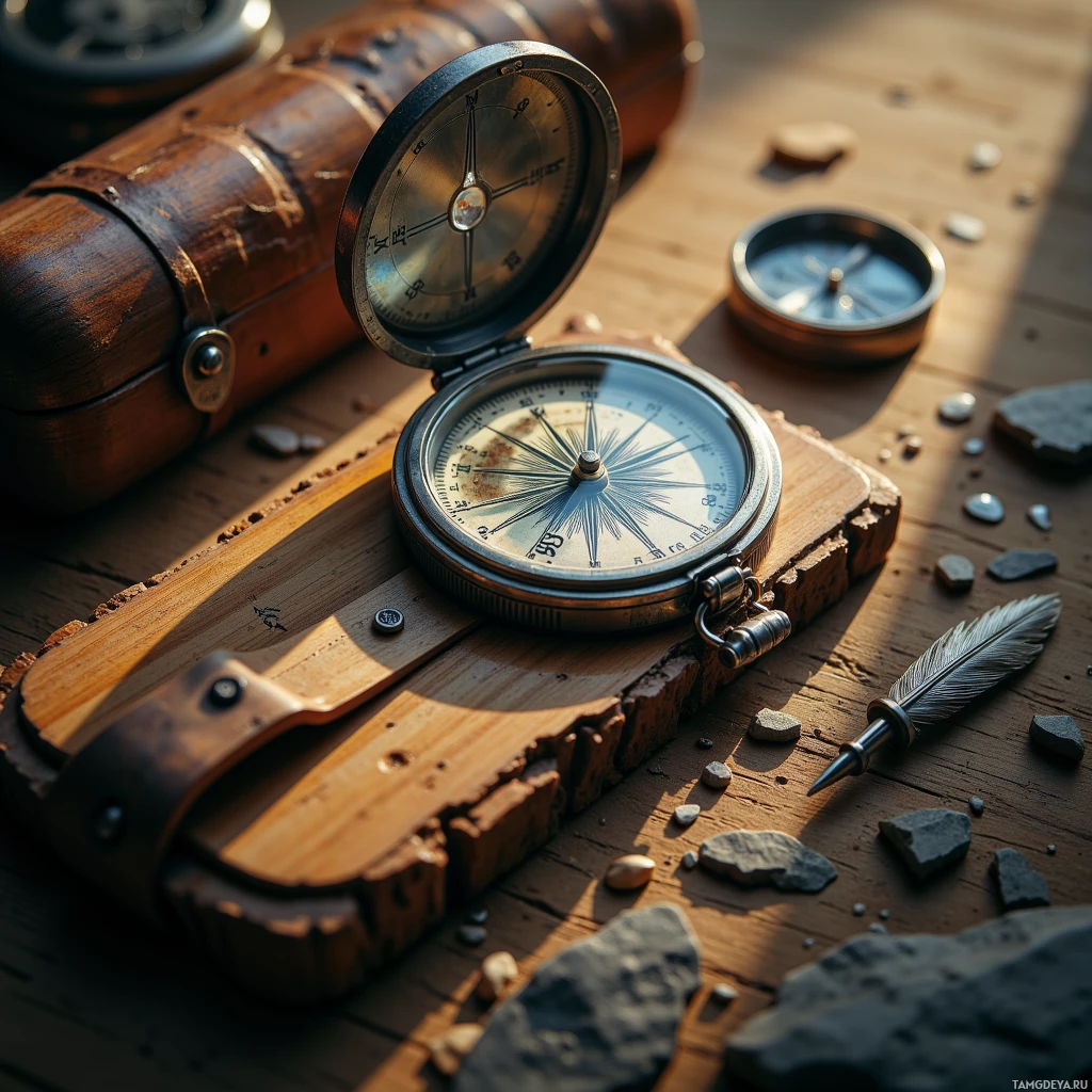 На деревянной поверхности с рассыпанными камнями лежат открытый компас и перо.