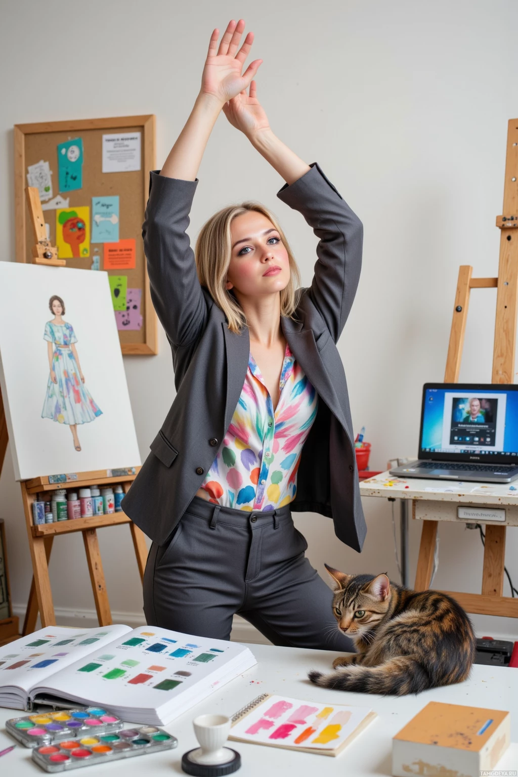 Человек в студии с кошкой, с поднятыми руками, рядом картина и палитра.