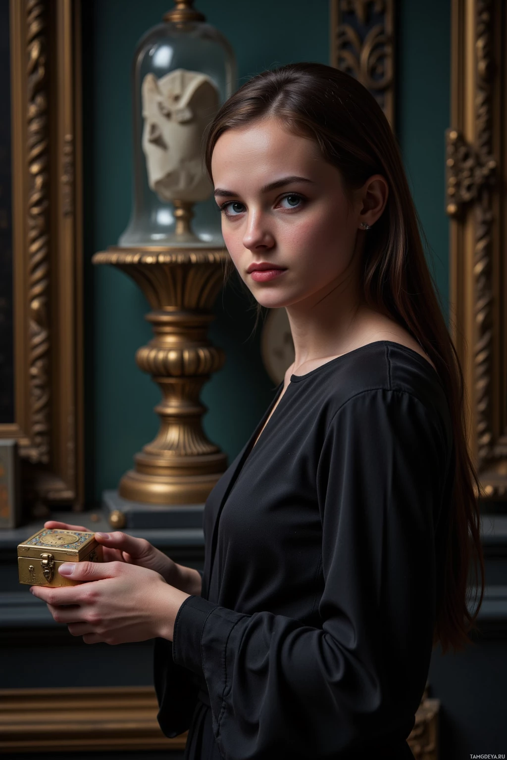 В черном платье женщина держит небольшую золотую шкатулку в комнате с изысканным интерьером.