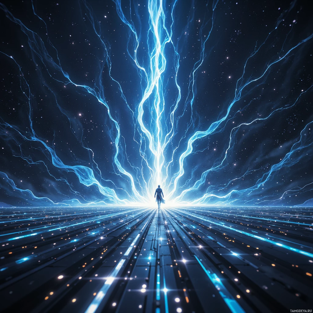 Человек стоит в конце светящейся, футуристической тропы, уходящей вверх к звёздному, космическому небу.
