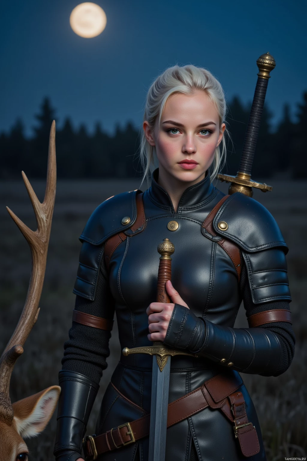 Женщина в кожаном доспехе держит меч, стоя рядом с оленем под полной луной.