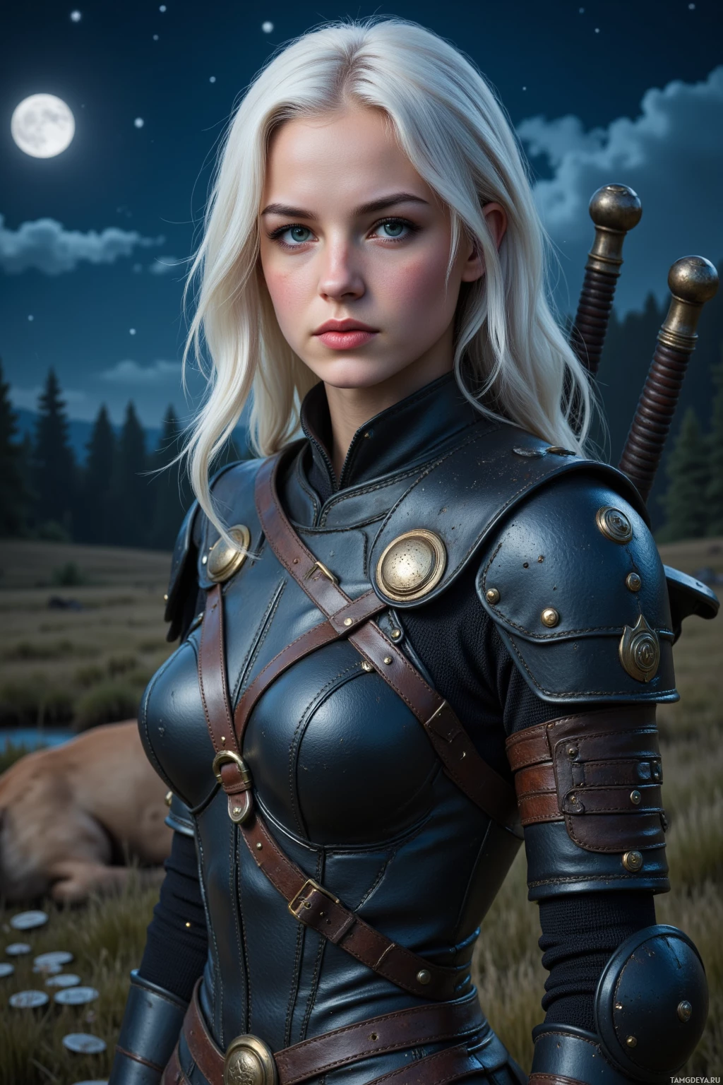 Женщина в доспехах, напоминающих средневековые, стоит на фоне ночного неба с полной луной.