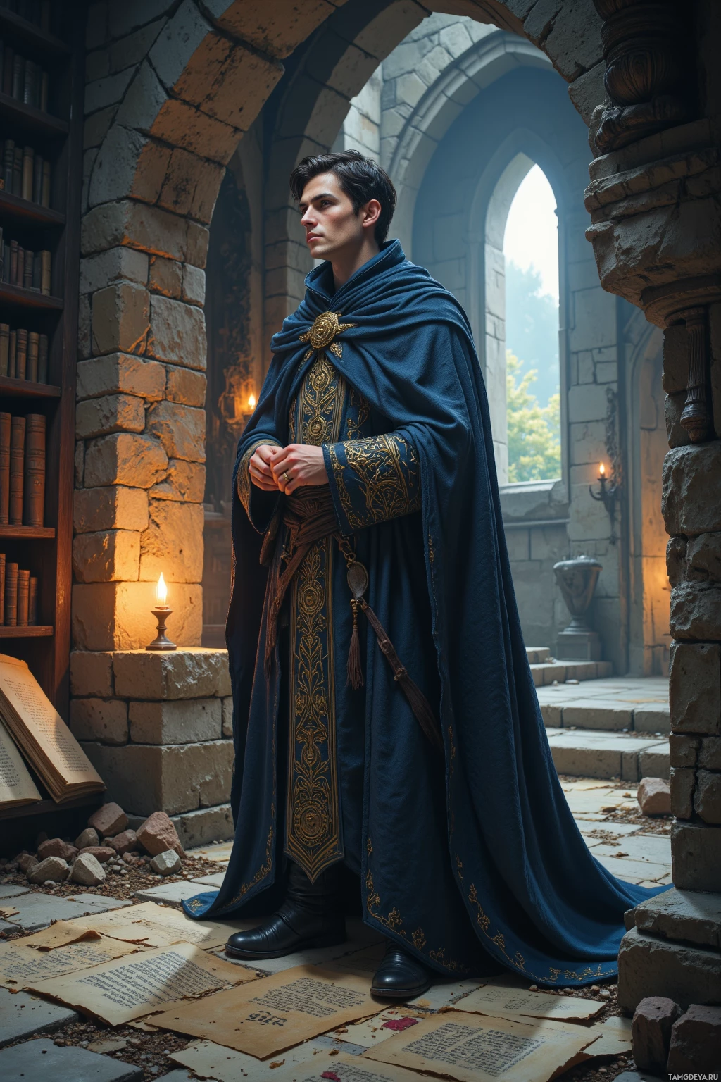 Мужчина в синем одеянии стоит в каменном арковом проходе, окруженный книгами и освещенный свечами.