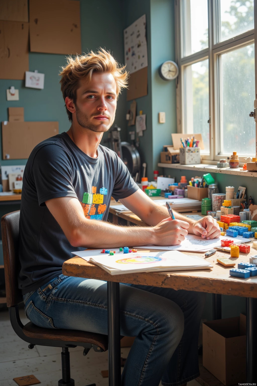 Человек сидит за столом в рабочем кабинете, окруженный различными предметами и инструментами.