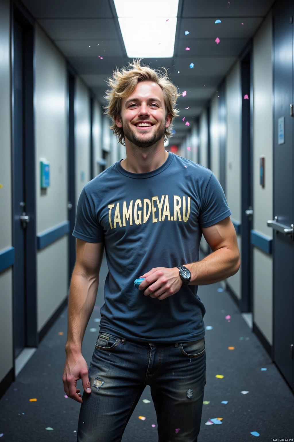 Мужчина стоит в коридоре, одетый в синюю футболку с надписью и джинсы, и улыбается.