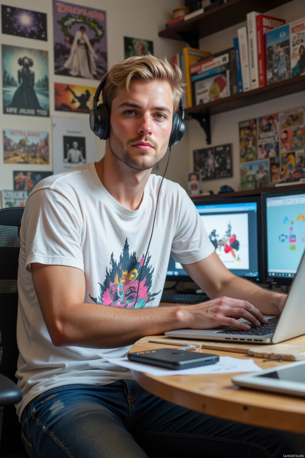 Человек в наушниках сидит за столом с ноутбуком, вокруг – книги и плакаты на стене.