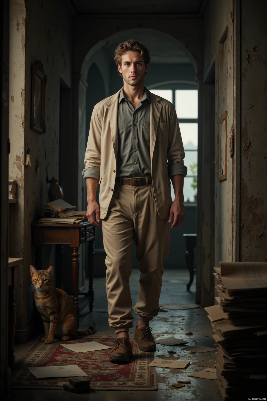 Мужчина стоит в полумраке коридора, рядом с ним на столе сидит кошка.