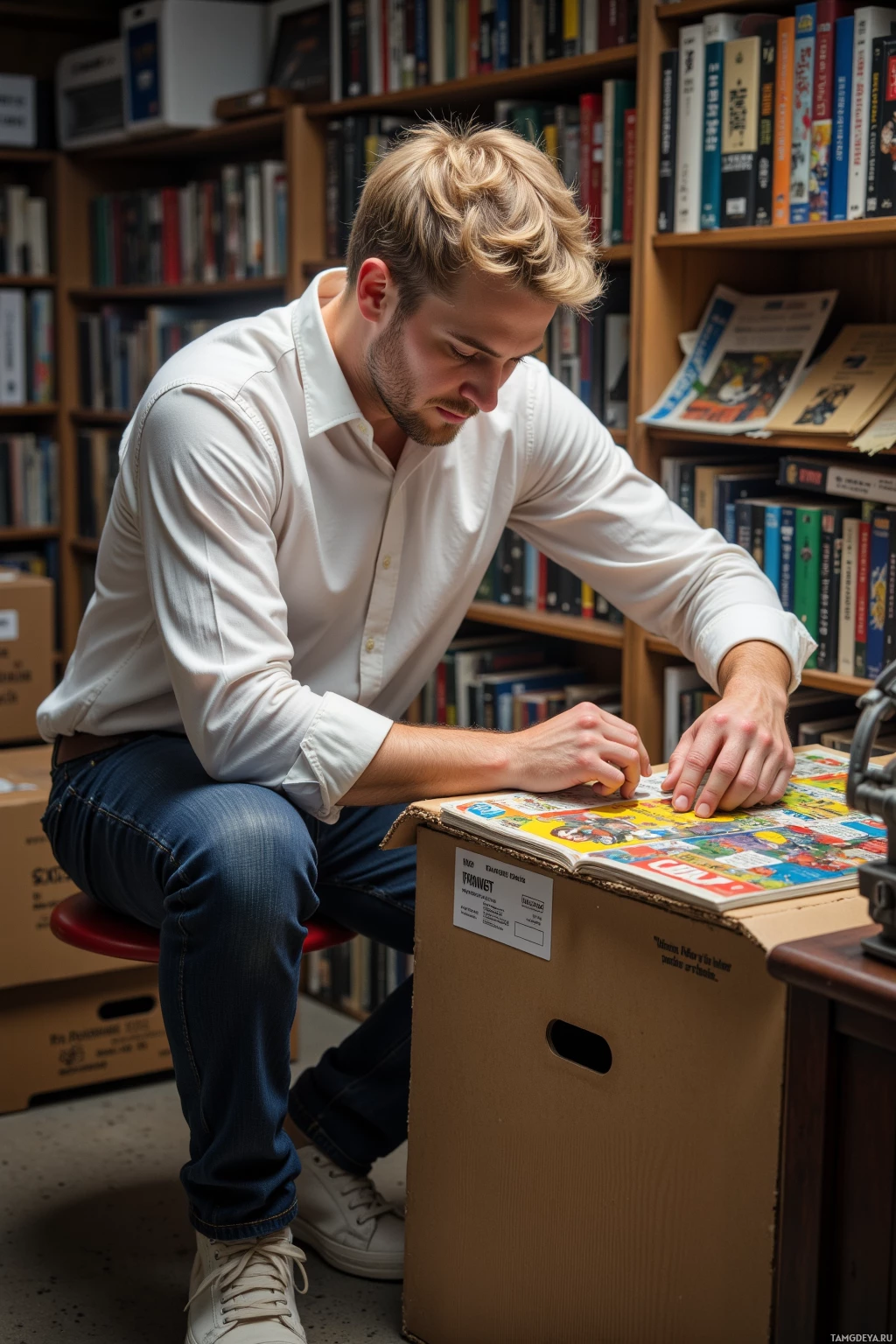 В библиотеке человек читает красочный комикс.