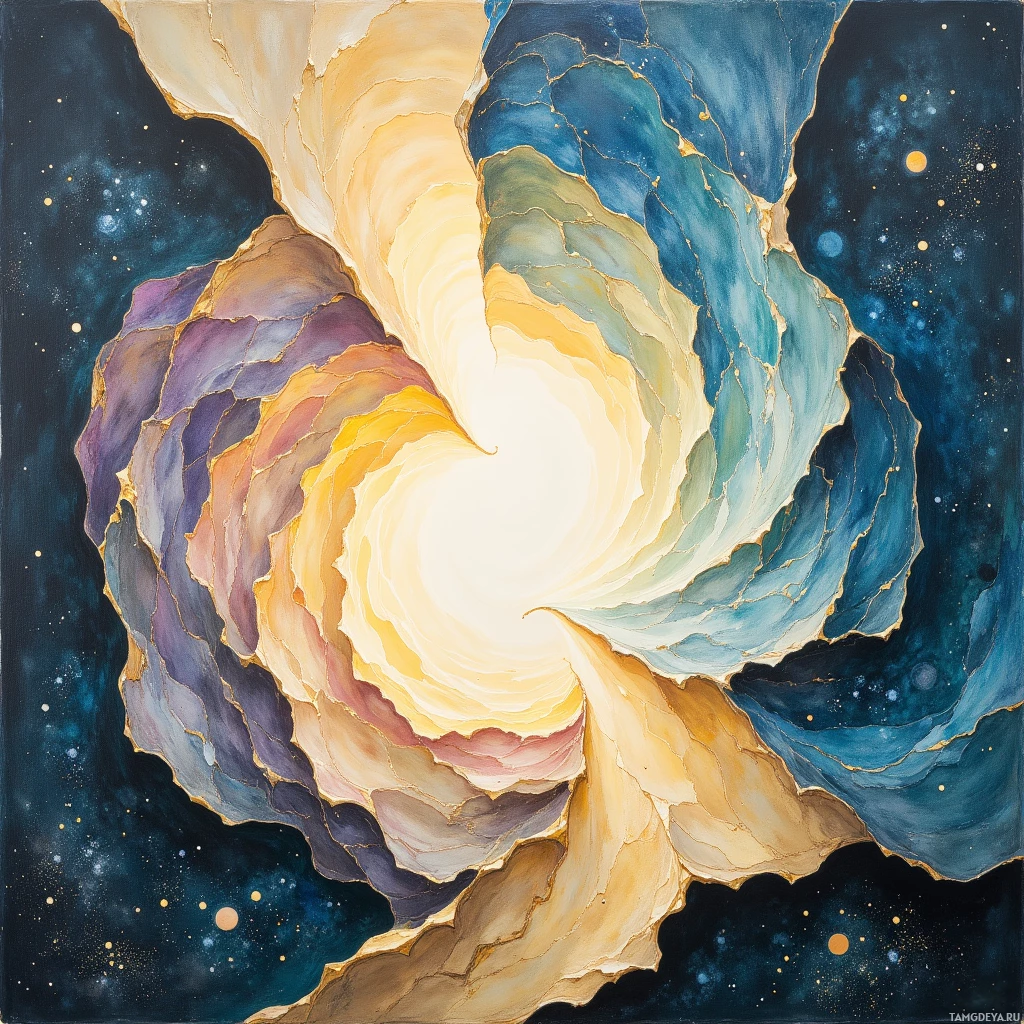 Яркая абстрактная картина с завихряющимися узорами и космическим фоном, усыпанным звездами.