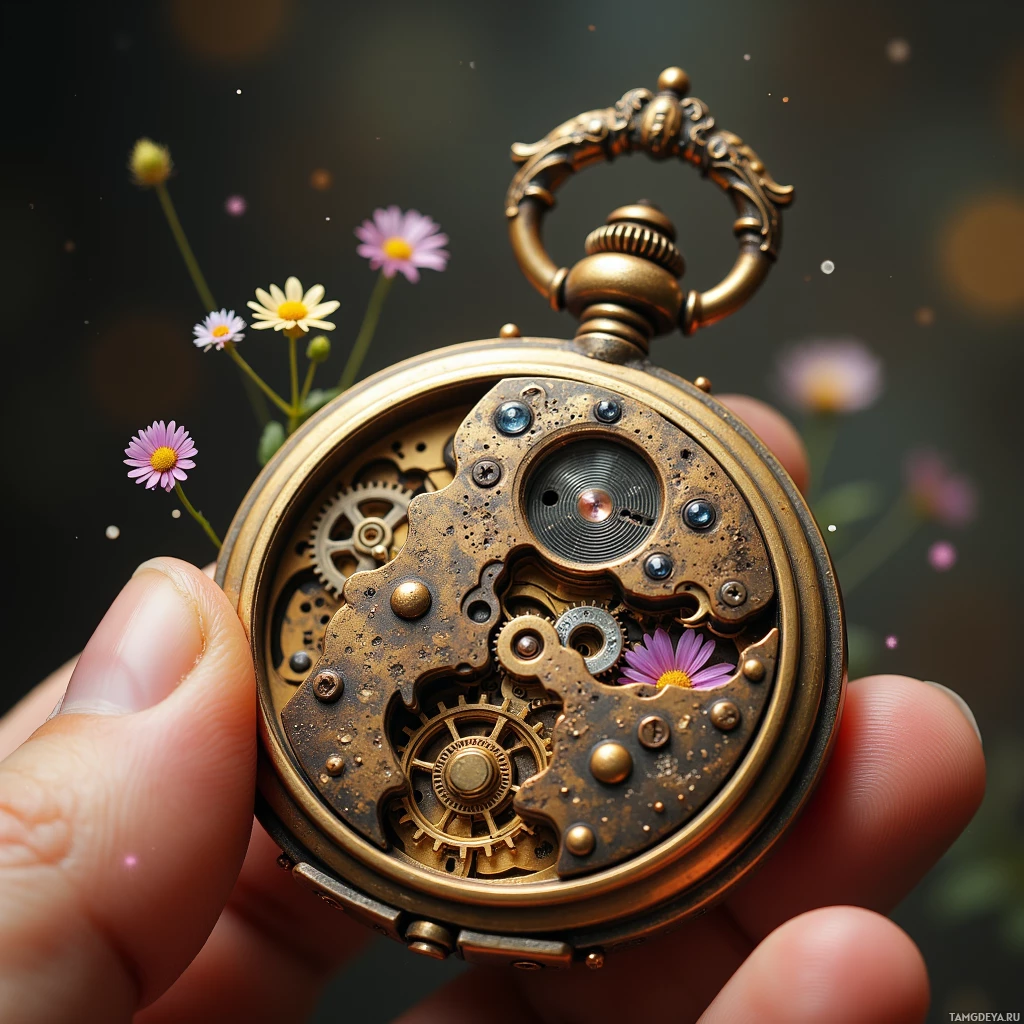 В руке – изящные карманные часы с видимыми шестерёнками, на заднем плане – цветы.