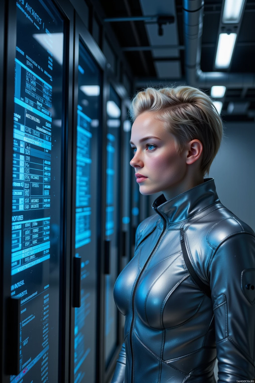 Realistic high quality photo. Female 29, silver pompadour hair, blue eyes, wearing a metallic silver techwear suit with geometric paneling, stands in a dimly lit quantum server room at night, staring intensely at a holographic quantum simulation display while a floating spreadsheet of typo frequencies hovers beside her, surrounded by cascading data streams that illuminate her focused gaze like a magnifying lens.