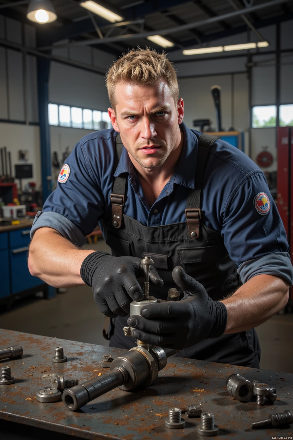 Realistic high quality photo. Stocky 34‑year‑old male with short blonde hair, blue eyes, wearing heavy‑duty work clothes, grunting at a stubborn bolt on a metal workbench in a modern garage, using a broken torque wrench and a makeshift lever, surrounded by tools and metal parts, daytime.