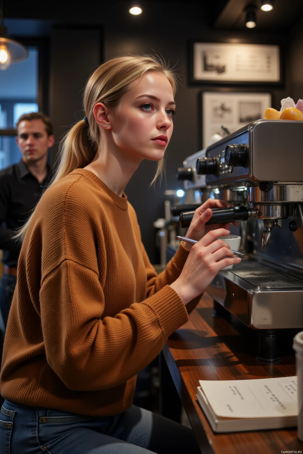 Realistic high quality photo. Woman, 27, long blonde hair loosely tied back, soft blue eyes, pale skin, wearing a cozy oversized earth‑tone sweater and casual jeans, seated at a dimly lit coffee shop counter at night, tracing curling steam from an espresso machine with a steaming cup in hand while a laughing customer watches, jotting a line in a notebook, surrounded by warm ambient light and the quiet hum of the machine.