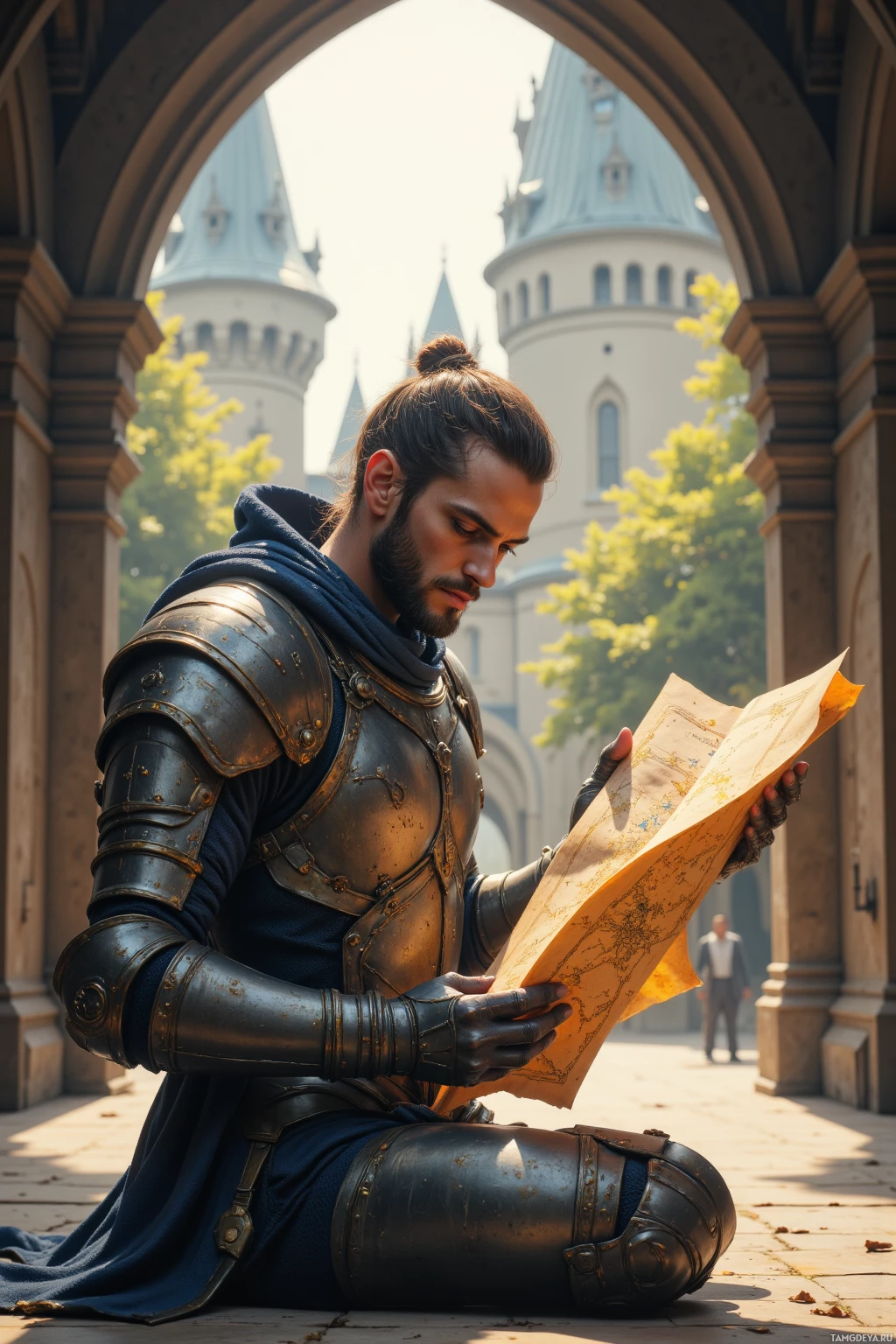 Realistic high quality photo. 35‑year‑old man with brown tied‑back hair and blue eyes in futuristic minimalistic samuraj armor, calmly reading a scroll in a dawn‑lit courtyard as wind rattles castle gates, tracing a star map with a subtle smirk.