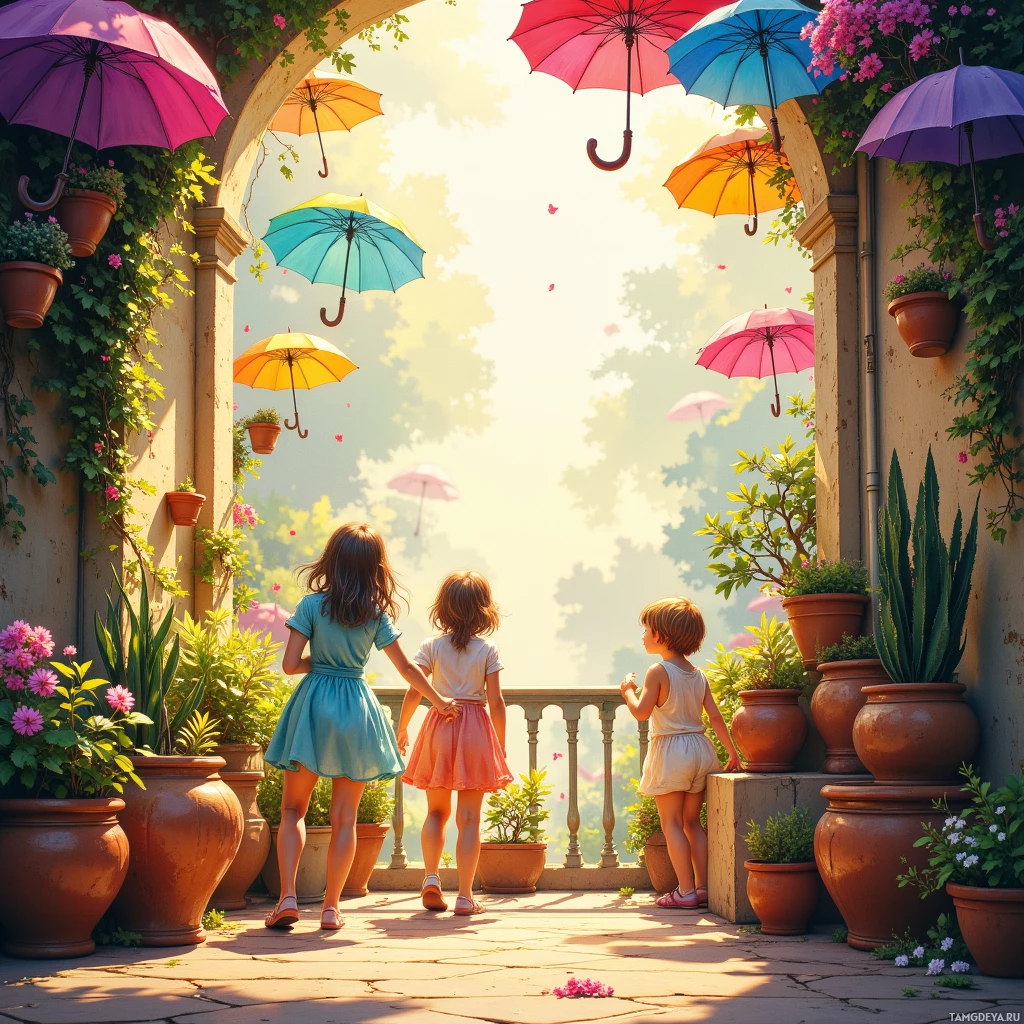 Semi-abstract image with many empty light space at center of beautiful background, that is suitable for the post:  My pots are like restless children, climbing, giggling, demanding sunlight as if it's a carnival of forgotten umbrellas.