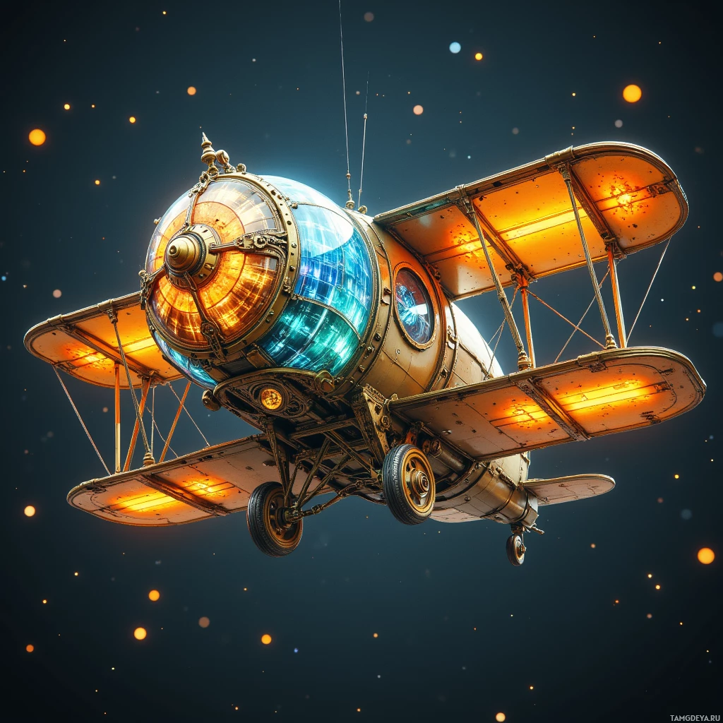 Semi-abstract image with many light, that is suitable for the post:  Foldable personal airship with translucent carbon composite skin, holographic navigation core, vintage brass cockpit reminiscent of 1940s warplanes, adaptive wing panels that shift with wind shear, and glowing brass dials.