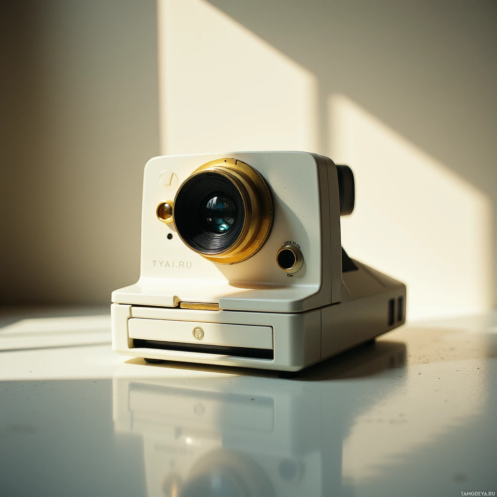 Винтажная камера с массивным объективом и золотистым кольцом, расположенная на отражающей поверхности при мягком освещении.