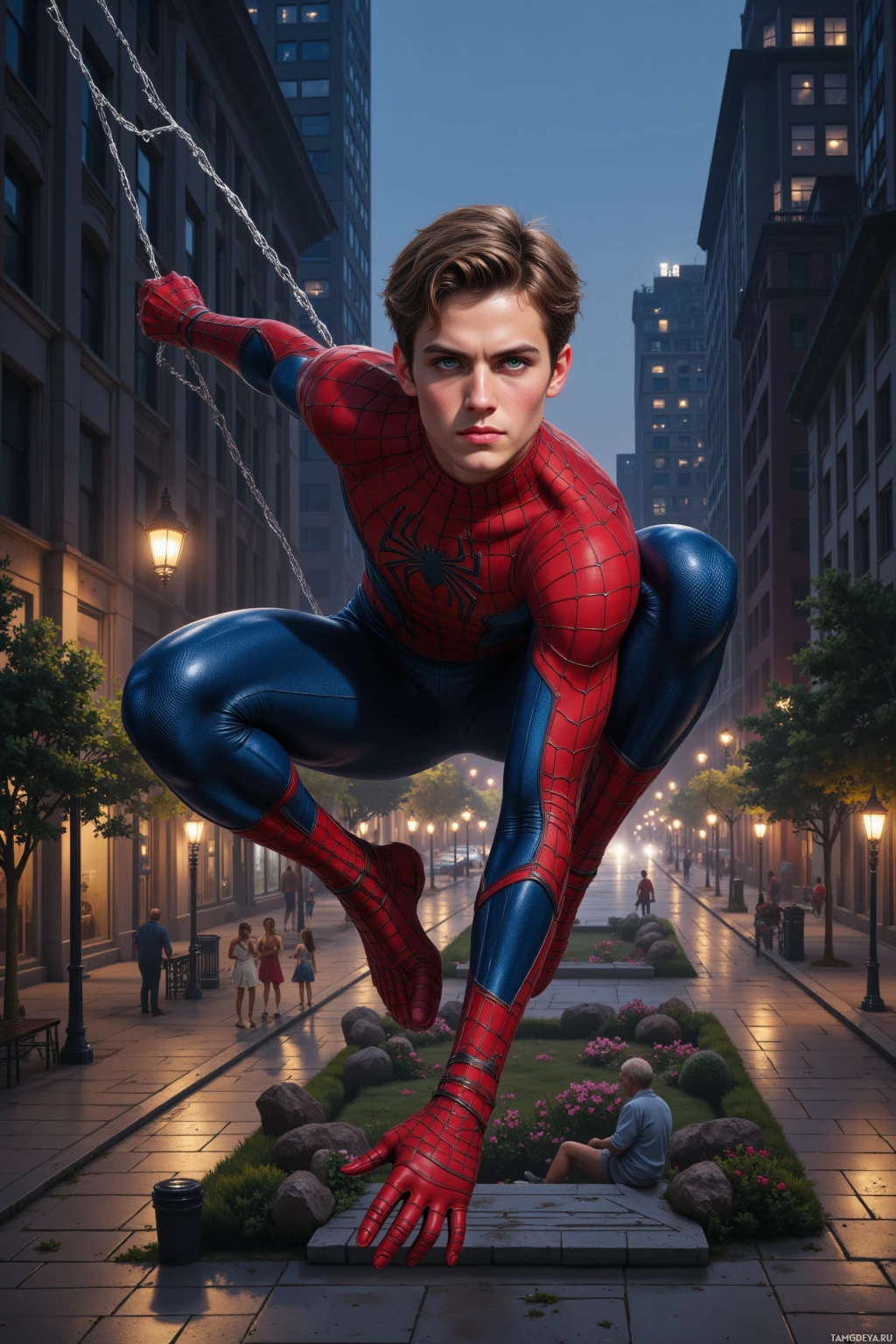 Супергерой в красном и синем костюме присел на городской улице.