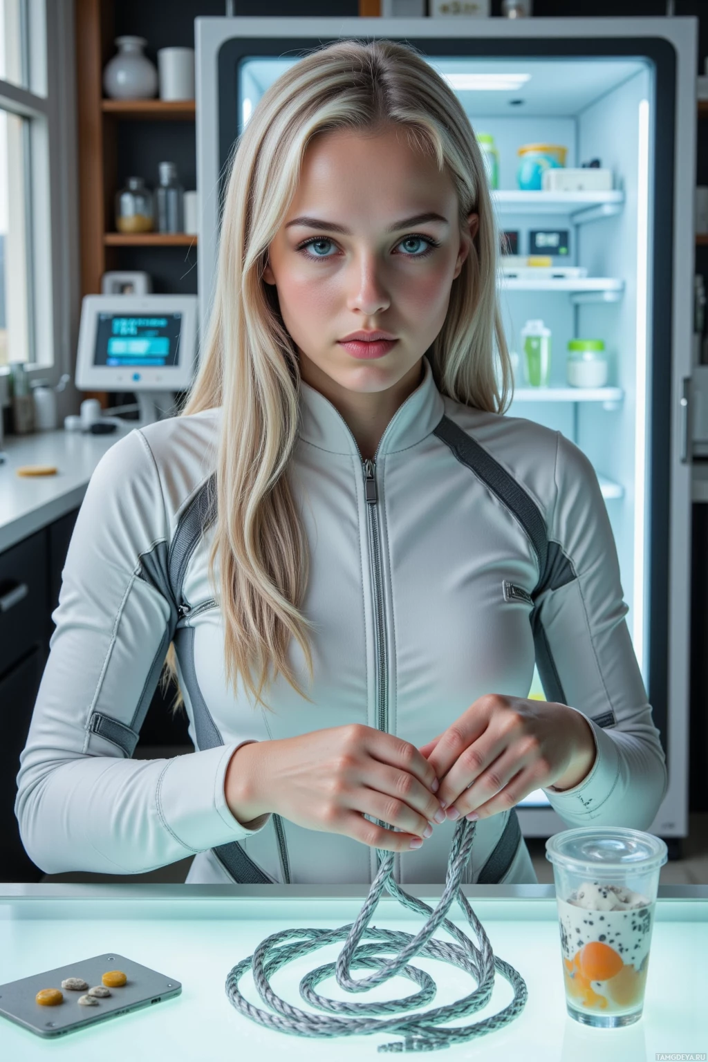 Человек в белой спортивной форме стоит на современной кухне, держа в руках канат.