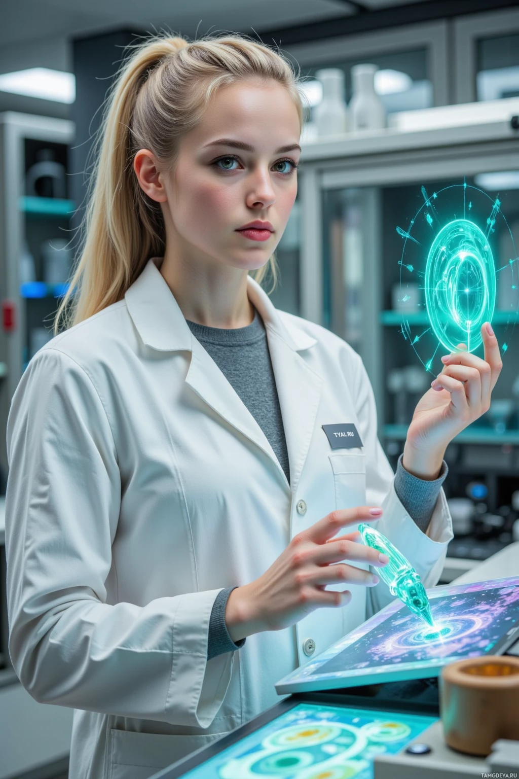 Человек в лабораторном халате взаимодействует с футуристическим цифровым интерфейсом в лаборатории.