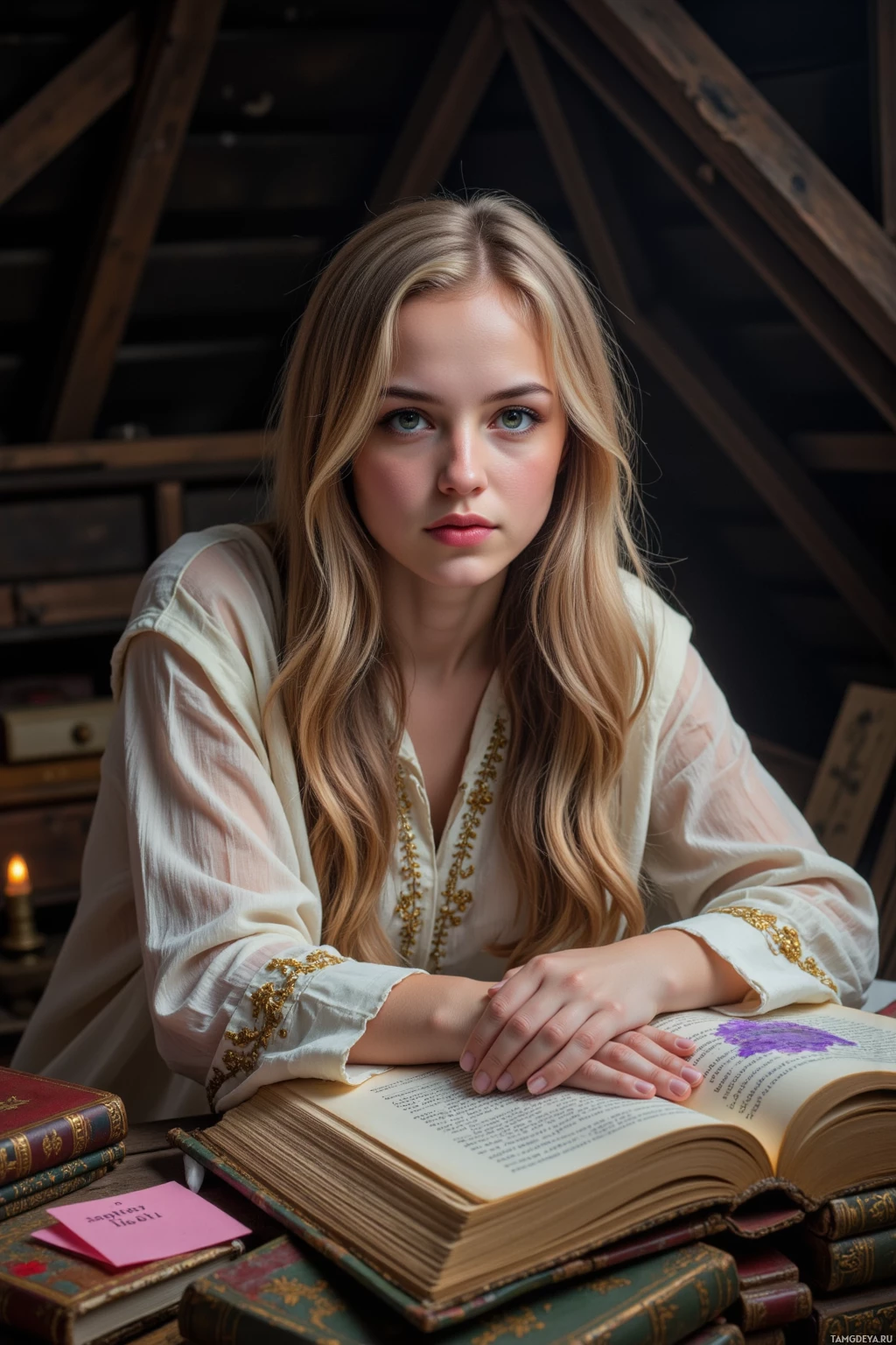 Молодая женщина с длинными светлыми волосами сидит за столом, заваленным книгами, и выглядит задумчивой.