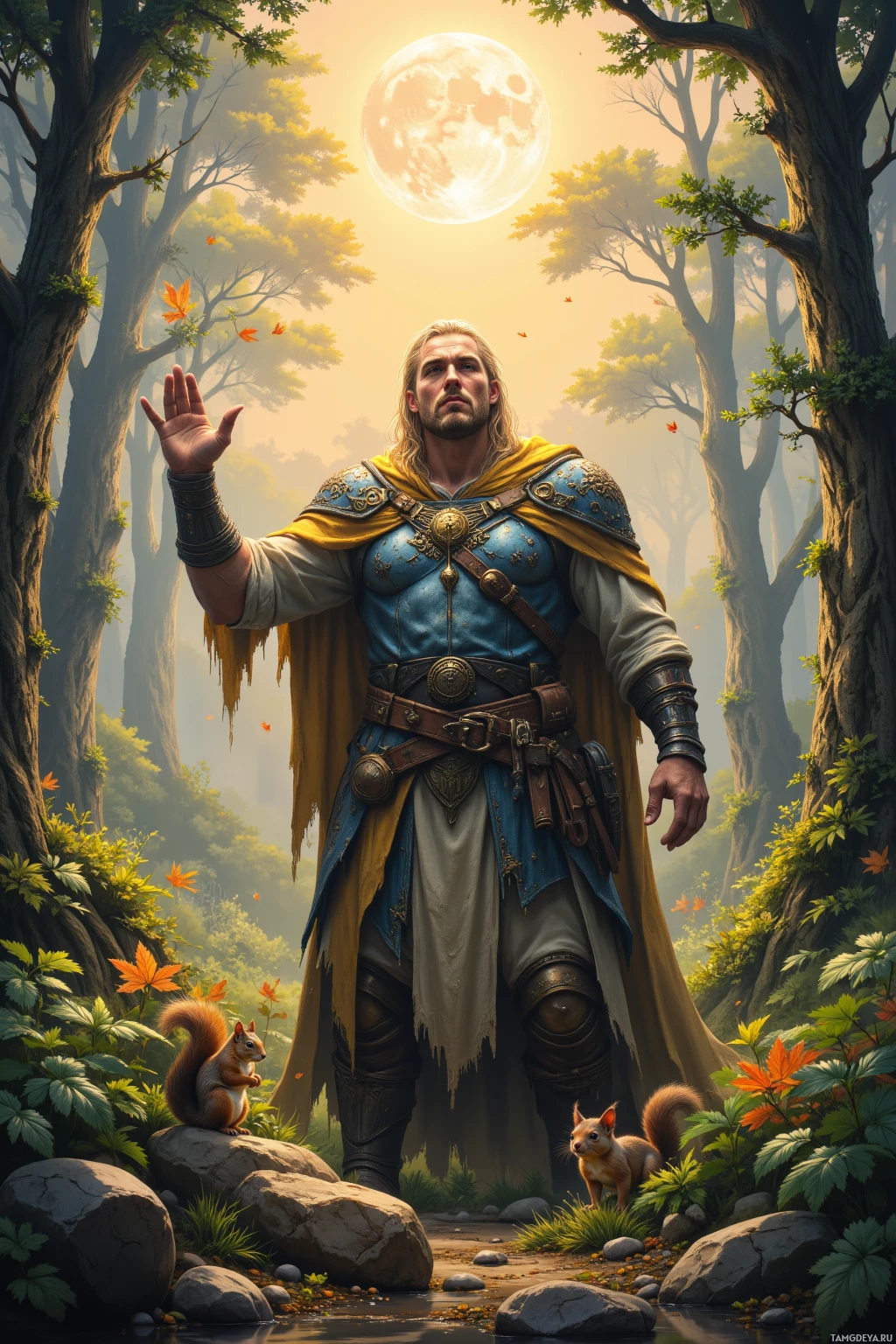 Воин в лесу на фоне полной луны.