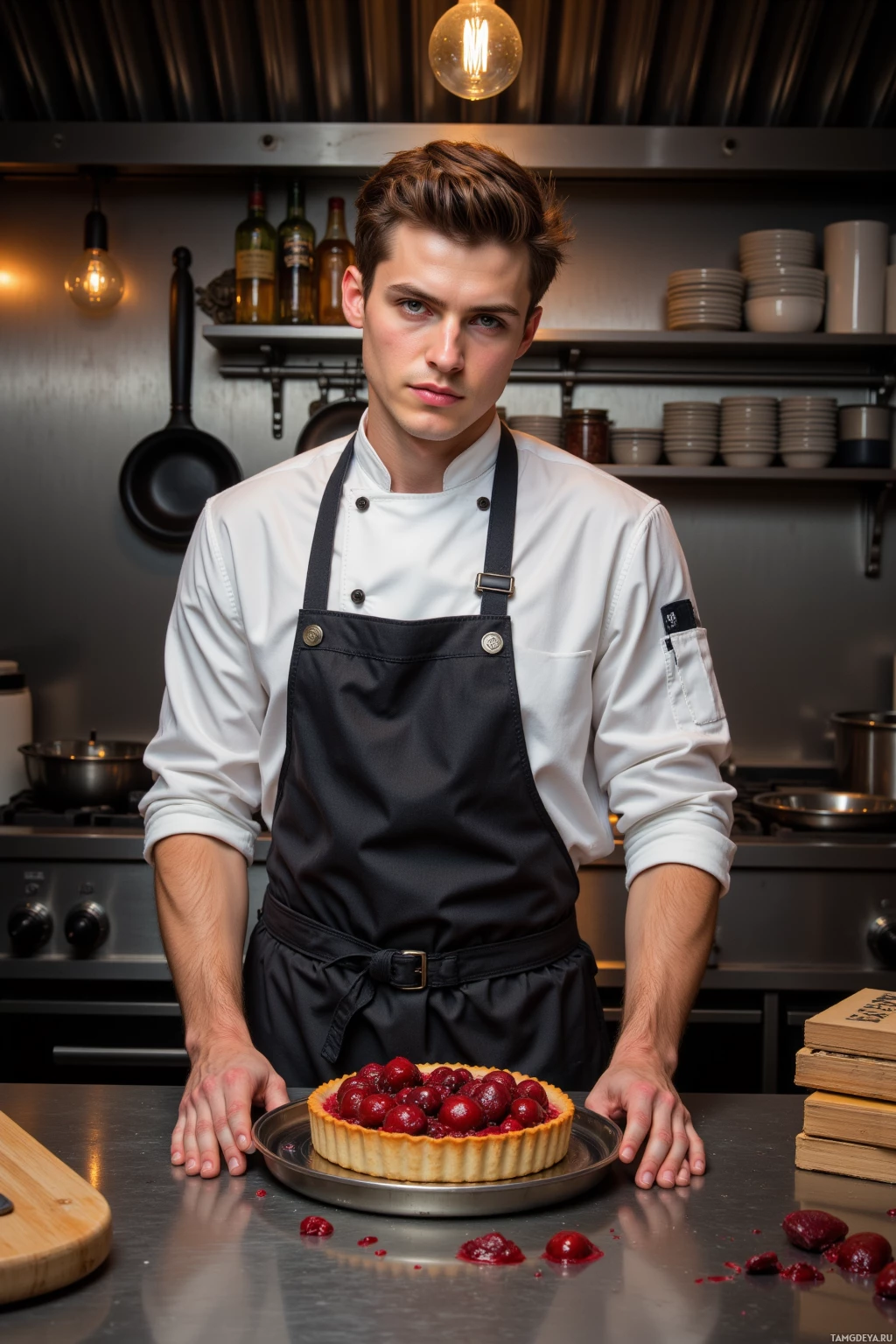 Шеф-повар стоит на кухне и демонстрирует тарт с вишней на металлическом подносе.