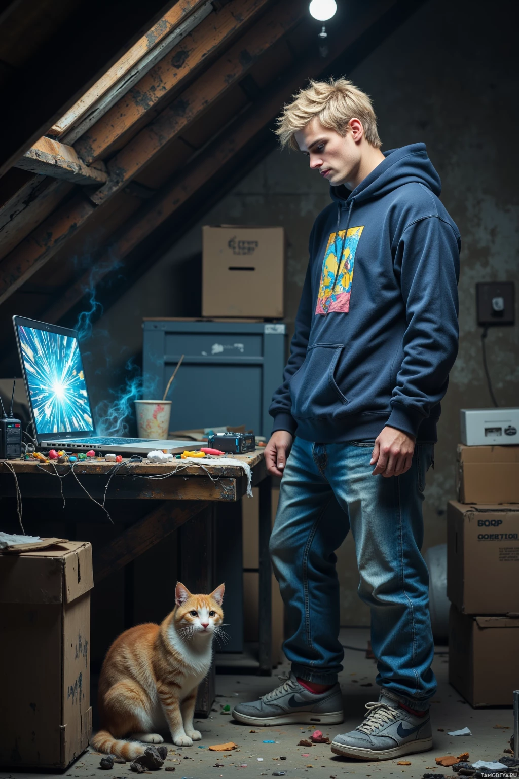 В комнате, заваленной разными вещами, стоит человек с ноутбуком, а рядом мурлычет кошка.