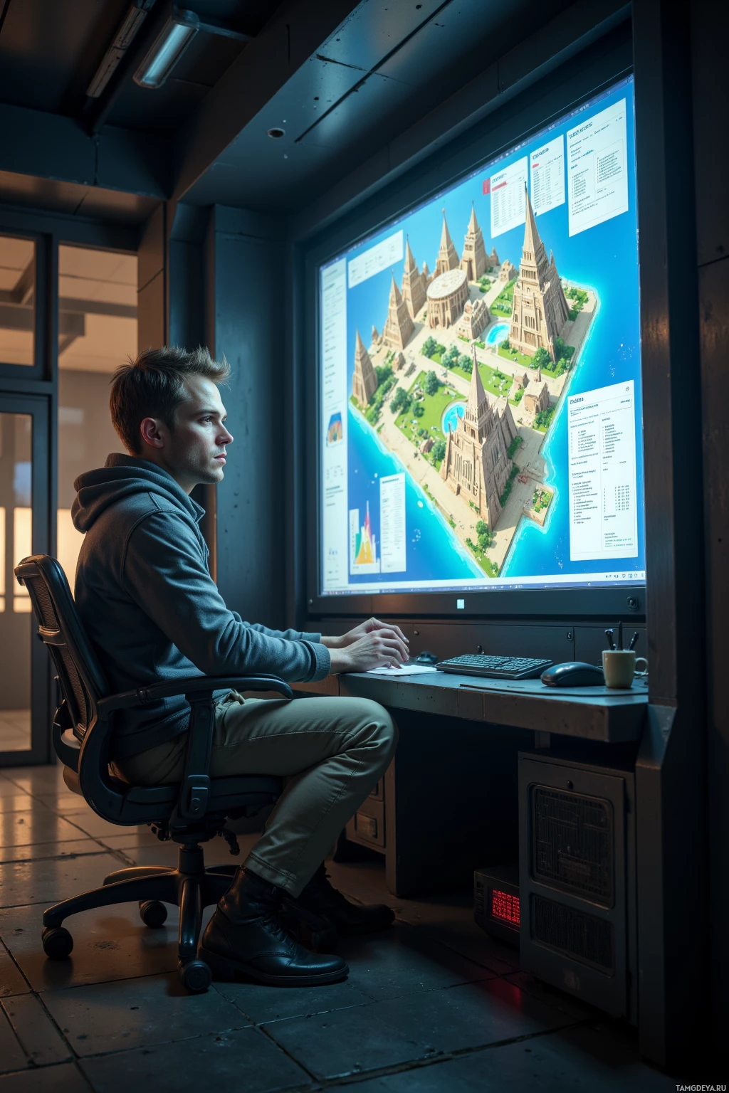 Человек сидит за столом в полумраке, работая над большим монитором, на котором отображён детальный архитектурный проект.
