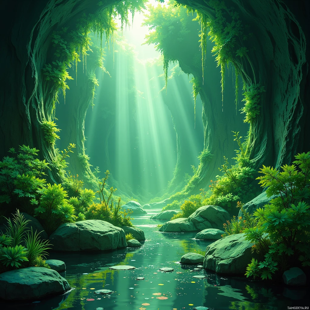 Безмятежная, залитая солнцем лесная долина с тихой рекой, протекающей по сочной, зелёной местности.