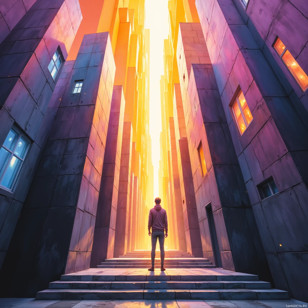 Человек стоит у подножия лестницы, ведущей к яркому свету наверху.