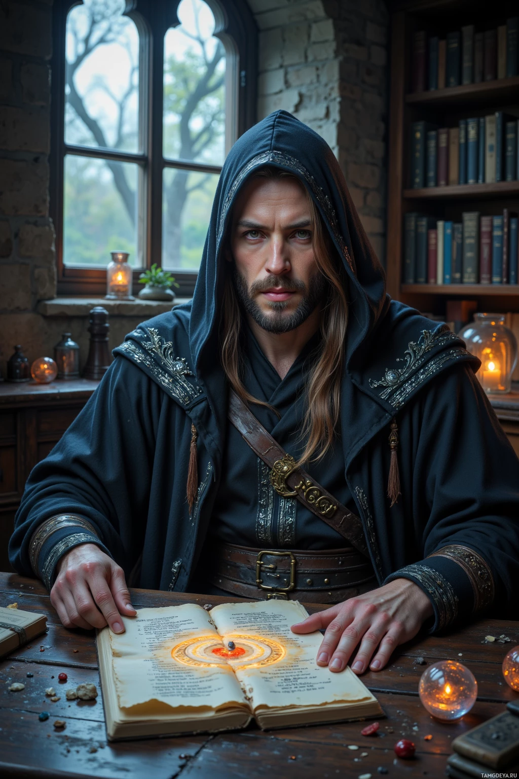 Человек в капюшоне сидит за столом с раскрытой книгой и светящимся кристаллом.