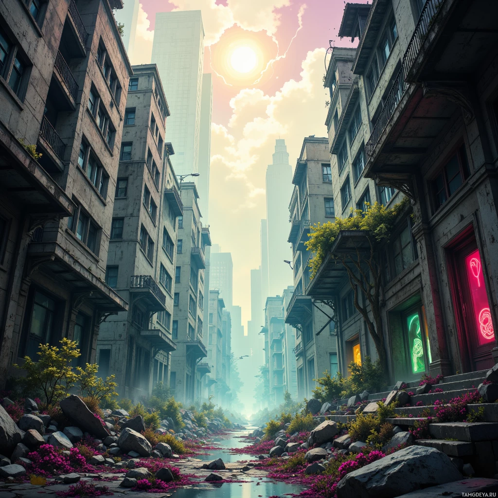 Панорама города с высокими зданиями и рекой, где сочетаются признаки городской разрухи и возвращение природы.
