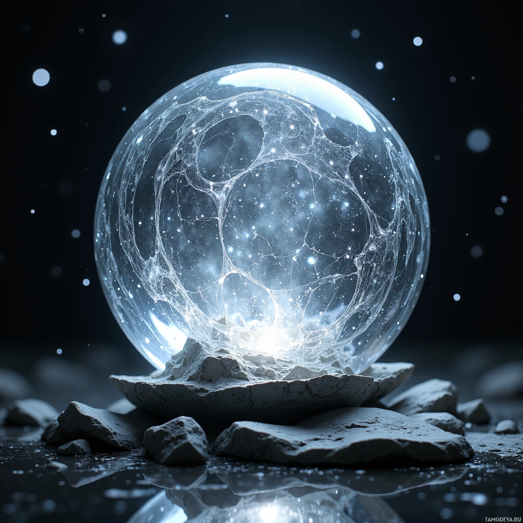 Сверкающий, замысловатый кристальный шар покоится на каменной подстилке на фоне звёздного неба.