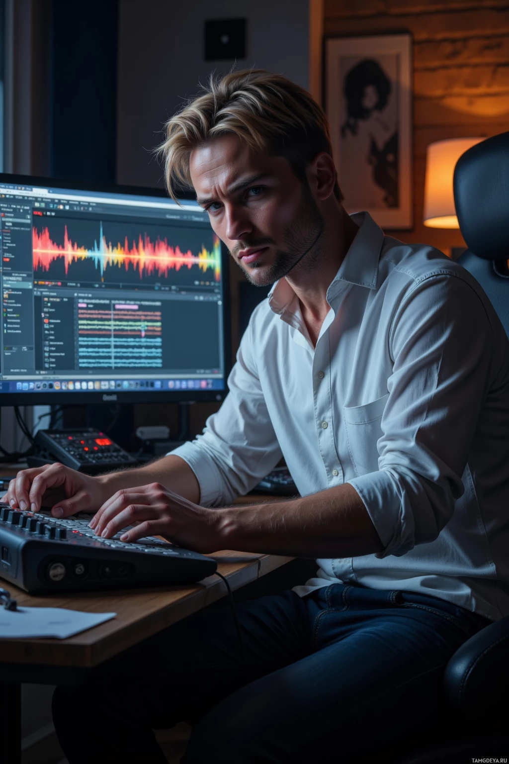 Человек работает за столом, на экране компьютера открыто программное обеспечение для обработки звука.