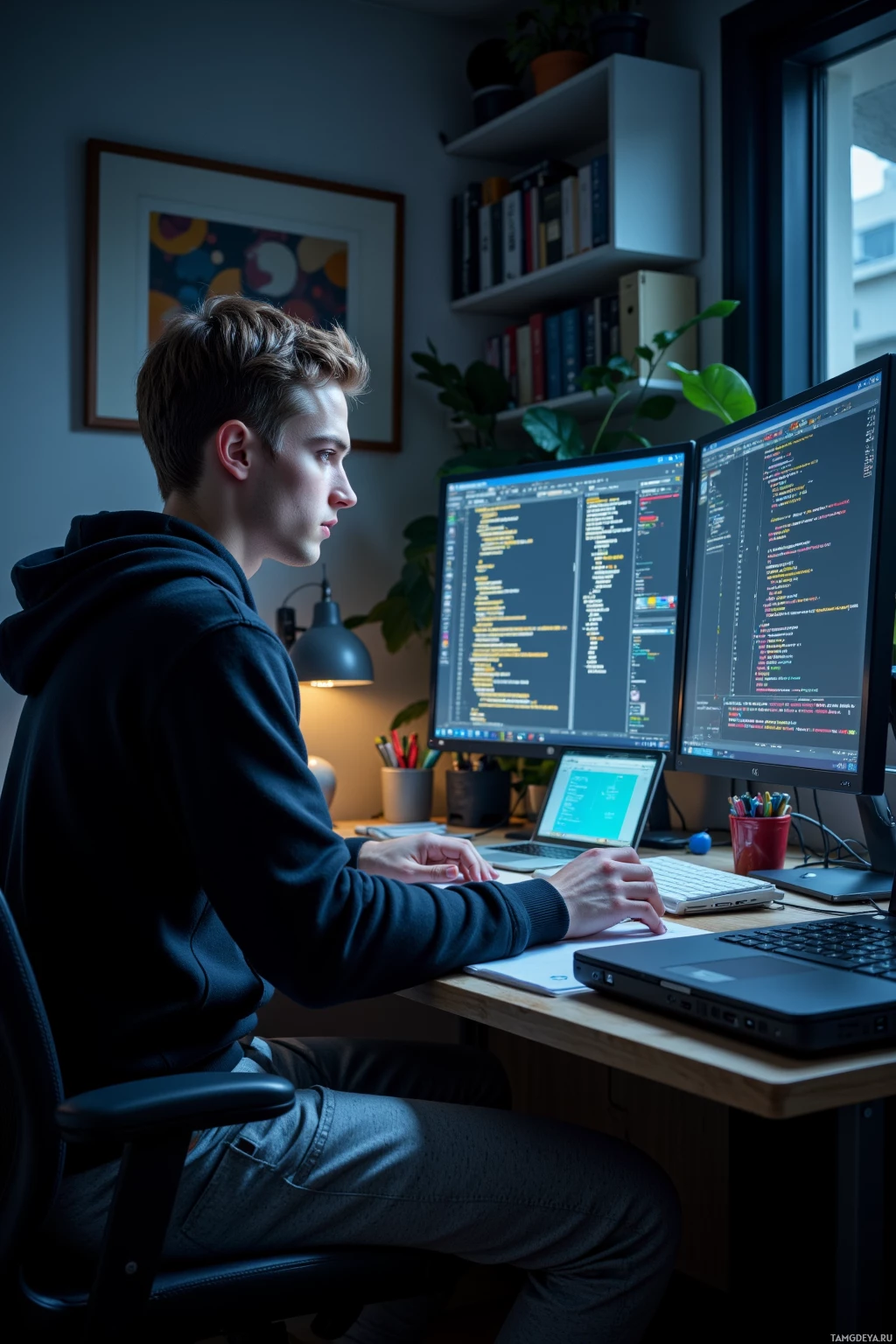 Realistic high quality photo. 24-year-old man with short brown hair, blue eyes, pale skin, wearing a black hoodie and gray athletic pants, intensely focused at a cluttered desk with dual monitors showing lines of code and a digital glitch diary, surrounded by tech tools and a laptop in a dimly lit modern home office at night, his expression sharp and purposeful.